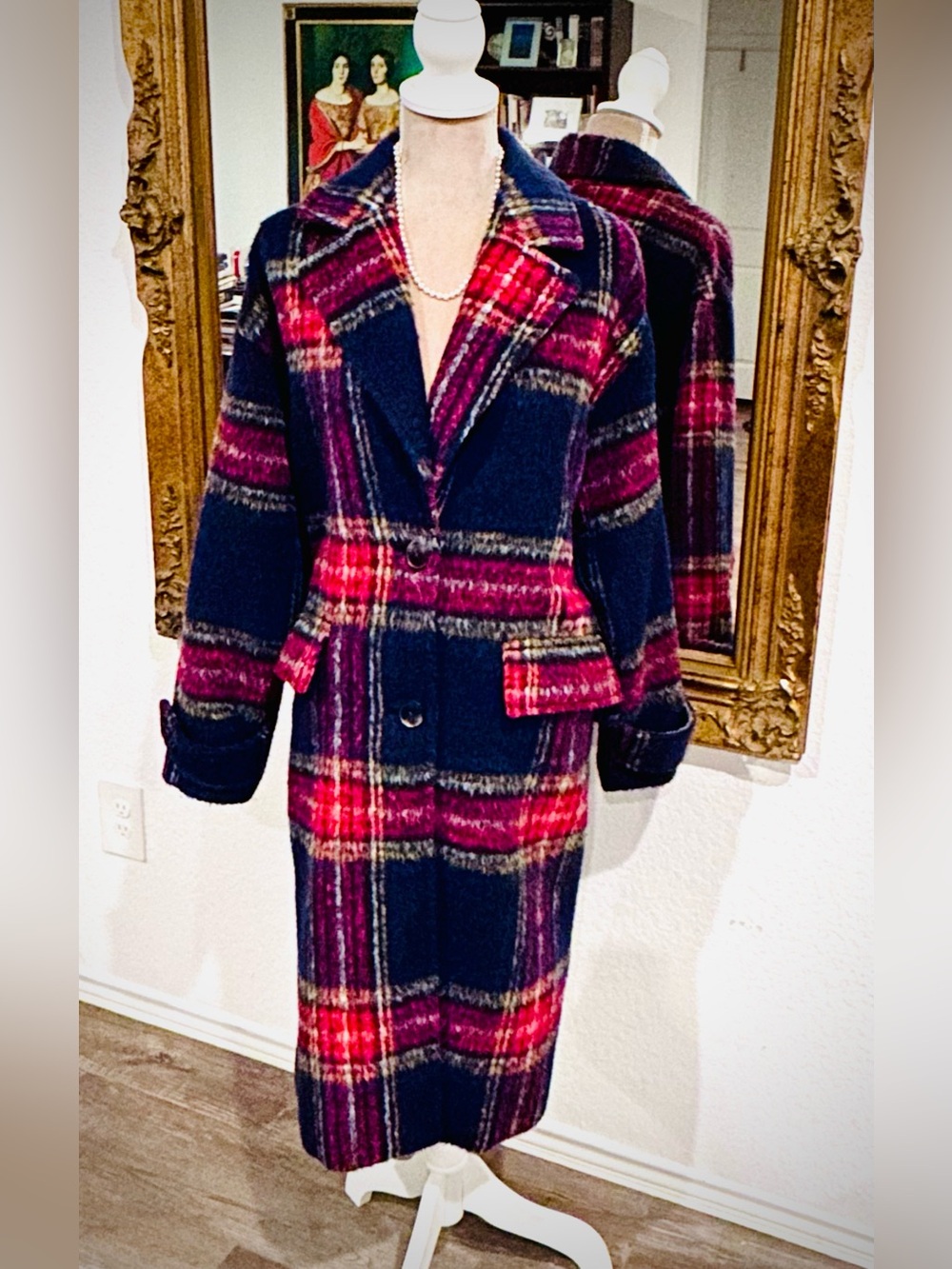 Old Navy Red and Blue Trench Coat Bold Plaid Design Preppy Sz M